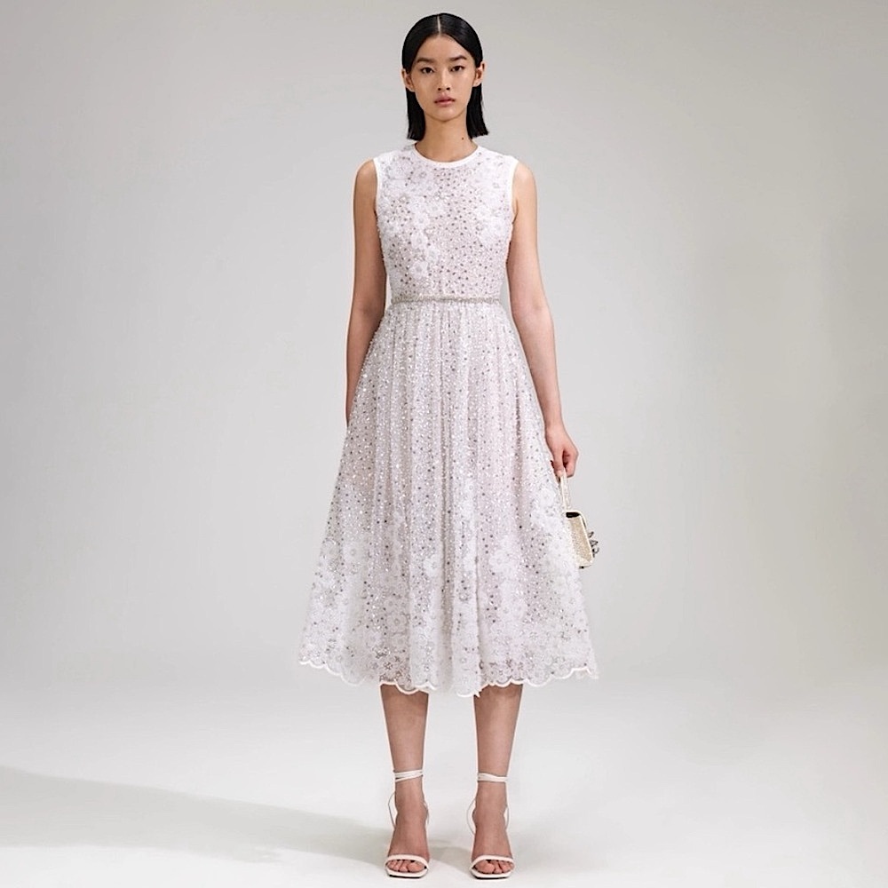 🆕 SELF-PORTRAIT White Beaded Sequin Midi Dress, brandnewwithout tags, never worn